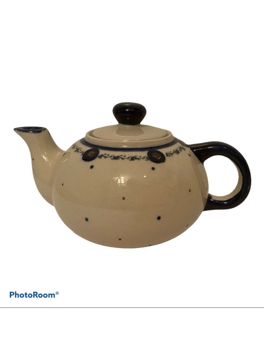 POLISH POTTERY TEAPOT WHITE BLUE HANDMADE HOME DINING SERVE-WARE 12 oz